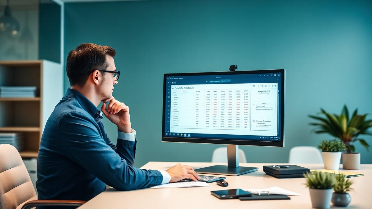 Practice manager reviewing accounts receivable aging figures on a widescreen monitor