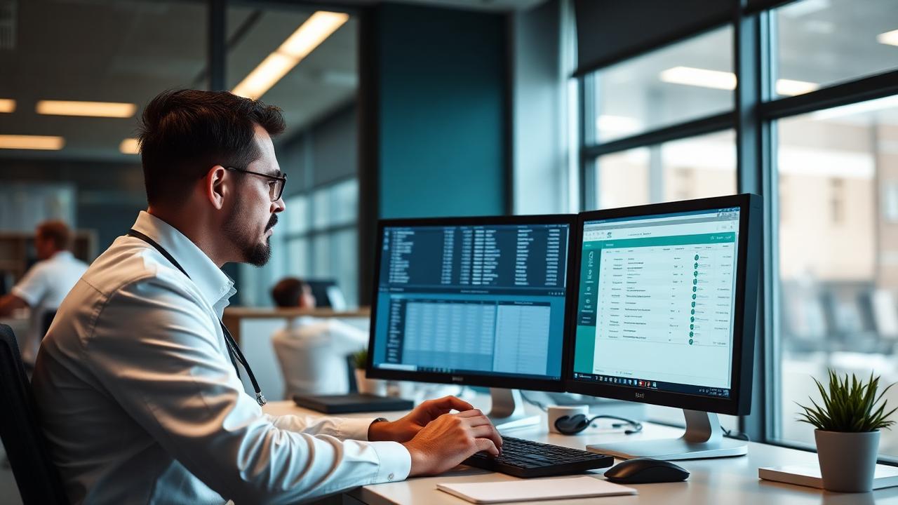 Claims processing specialist reviewing a claims submission queue on dual monitors