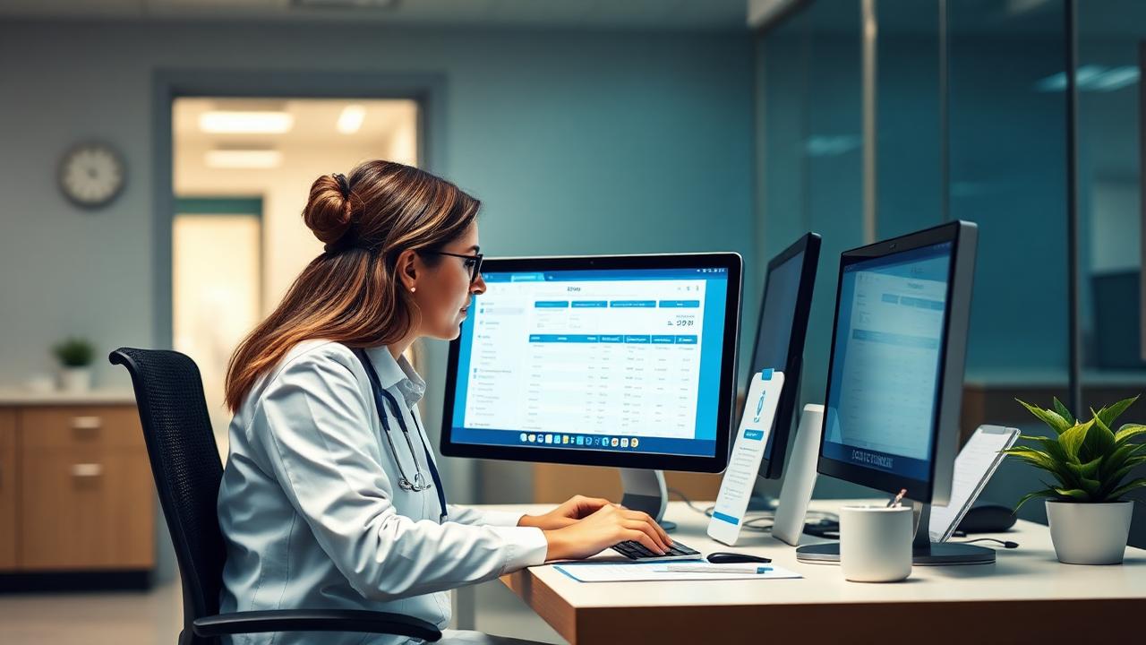 Medical billing specialist entering charges in billing software at a clinic workstation