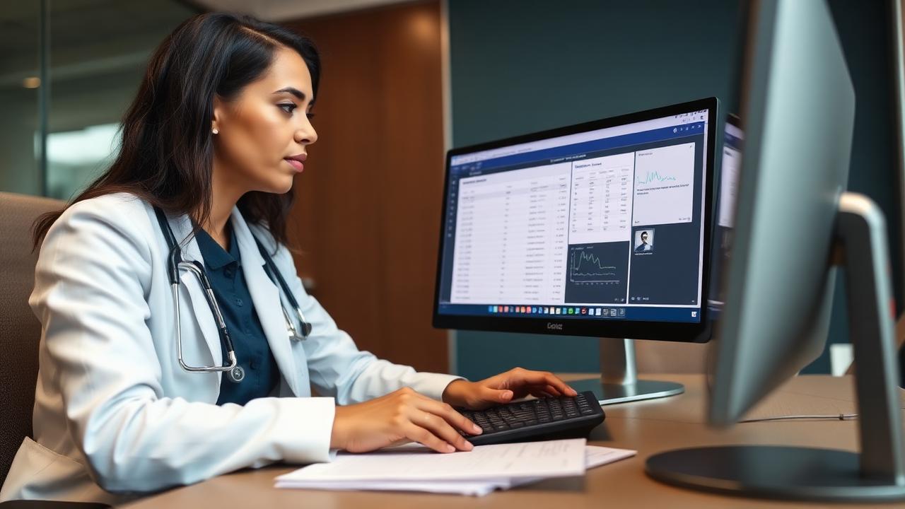 Medical coder reviewing clinical documentation on a computer beside printed chart notes