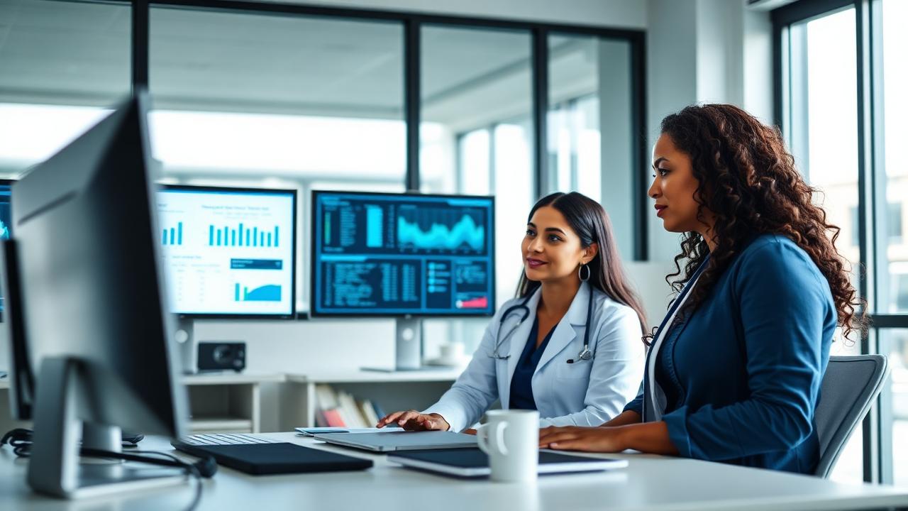 Revenue cycle management team reviewing healthcare analytics dashboards together in a modern office